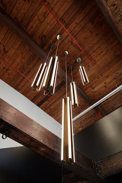 Juniper’s Axis showcases the firm’s design philosophy of customization and modularity in production, shown in a pendant configuration. Juniper’s Axis showcases the firm’s design philosophy of customization and modularity in production, shown in a pendant configuration.