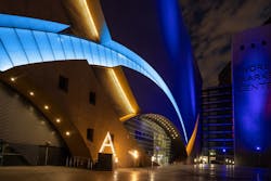 Flexible yet environmentally robust Hybrid 3 RGBW tape light was installed in 150-foot runs across four buildings at the World Market Center