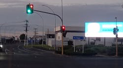 FIG. 1. In Hamilton, New Zealand, a digital billboard located close to an intersection with display colors similar to traffic signals could interfere with drivers&rsquo; attention and reaction time.