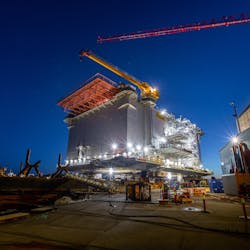 The Aibel substation with Glamox lighting sitting at the dock in Haugesund, Norway (above) before sailing to the Dogger Bank Wind Farm in March. Glamox is lighting both the interior and exterior (photos below).
