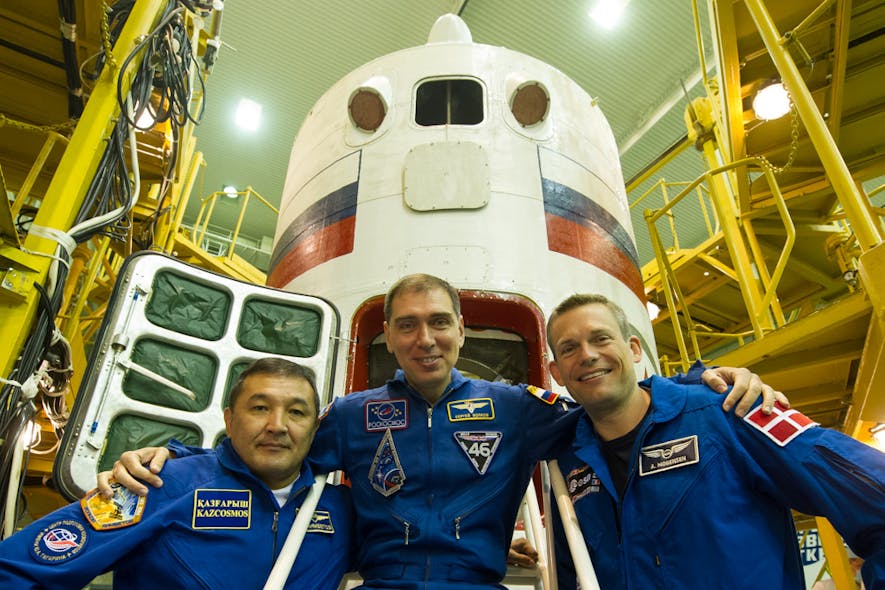 Danish astronaut Andreas Mogensen is making his second trip to the ISS, where a circadian lighting system could help his sleep pattern. He&rsquo;s pictured here on the far right in September 2015 with astronauts Aidyn Aimbetov (left) from Kazakhstan and Sergey Volkov (middle) from Russia before launching from the Baikonur Cosmodrome in Kazakhstan. Next month&rsquo;s launch is from NASA&rsquo;s Kennedy Space Center.