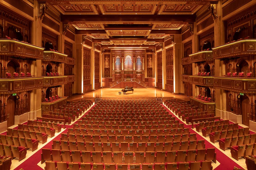 The opulent interior of the Royal Opera House Muscat.