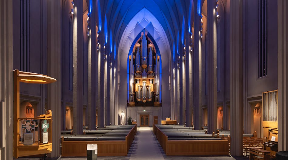 Hallgr&iacute;mskirkja Cathedral interior lighting design by Liska ehf, winner of the Award of Distinction.