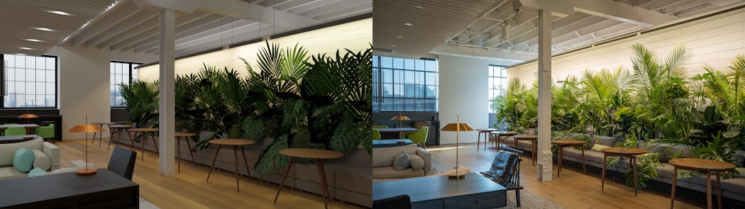 A plant wall is rendered in the digital twin (left) of the physical Lighting Environments workspace (right).