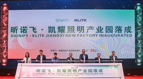 The executive lineup at the joint venture&rsquo;s opening ceremony included Signify&rsquo;s Angelica Zhou, who is head of outsourced operations for the consumer group, called the Digital Products division. She is pictured first on the left followed in order by: Tanghua Wei, Deputy Secretary of the Municipal Party Committee and Mayor of Ruichang; Rowena Lee, division leader, Digital Products, Signify; Wending Jiang, Deputy Secretary of the Municipal Party Committee and Mayor of Jiujiang; Eric Rondolat, CEO of Signify; Fenghua Wu, Secretary General of the Municipal Government, Jiujiang City; Yanwei Shen, CEO of Klite. They are holding on to the 51% ownership by Signify in Klite.