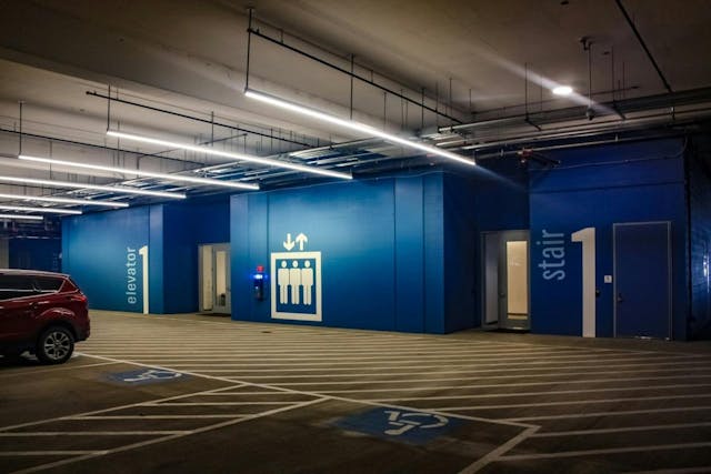 McClear said extended range for Bluetooth communications technology has opened up the outdoor controls possibilities, such as at this Texas parking garage featuring Casambi-enabled controls.