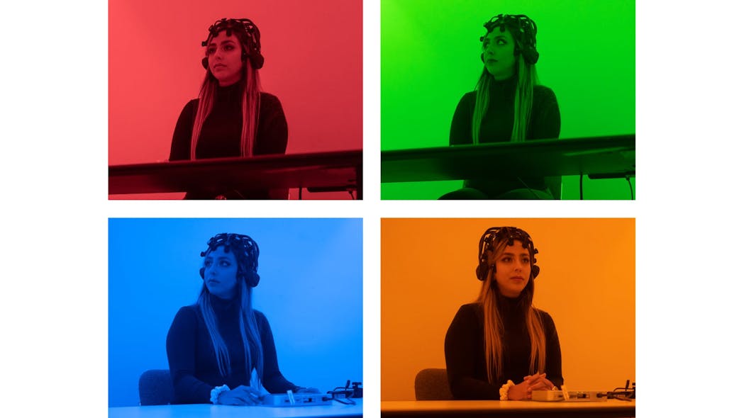 Color Lab test subjects participate in a study on the impact of various color spectra on human wellbeing factors such as stress, mood, and alertness. California Lighting Technology Center researchers are working in conjunction with the UC Davis Center for Mind and Brain.