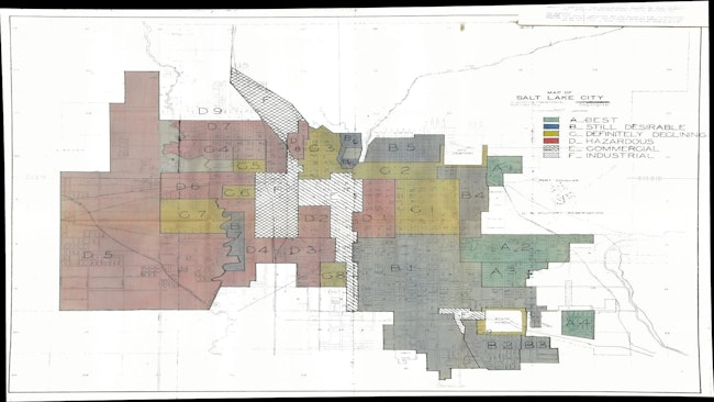 Credit: Salt Lake City map image available via public domain. Image has been modified to wide format. Georectified version made available by Mapping Inequality under CC-BY-NC 2.5 DEED (https://creativecommons.org/licenses/by-nc/2.5/).