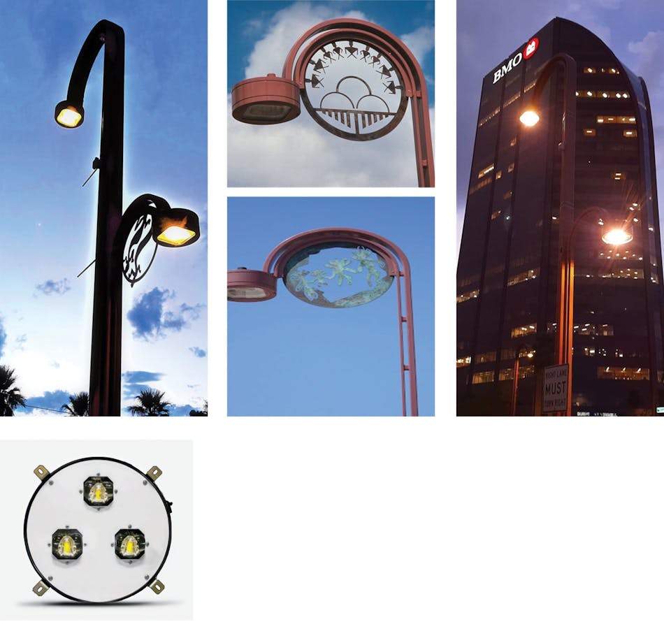 To preserve the aesthetics of Phoenix’s Native American–inspired Central Avenue Medallions while reducing maintenance demands, Crossroads LED converted more than 650 decorative HPS fixtures along the iconic roadway to Prestige Series DSC luminaires. To preserve the aesthetics of Phoenix’s Native American–inspired Central Avenue Medallions while reducing maintenance demands, Crossroads LED converted more than 650 decorative HPS fixtures along the iconic roadway to Prestige Series DSC luminaires.