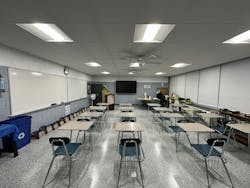 Variations in light color quality and brightness in the previous T12 fluorescent fixtures (above) have been remedied with EarthTronics 2&times;2 and 2&times;4 LED troffers (below) at St. Augustine Catholic School, a pre-K through eighth grade school.