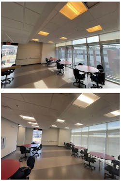 Carrier Hall before (top) and after (bottom): Uneven illumination from the prior tube lighting is replaced with more uniform distribution from updated, diffused LED troffers. Carrier Hall before (top) and after (bottom): Uneven illumination from the prior tube lighting is replaced with more uniform distribution from updated, diffused LED troffers.