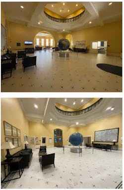 Bryant Hall Atrium before (top) and after (bottom): Updated SelectFit G2 Series LED downlights from Green Creative help to minimize the cavernous appearance in the building atrium while showcasing the ceiling architecture and globe sculpture featuring prominently at the center of the space.